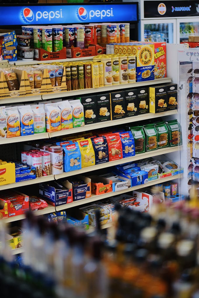 Selection of Snacks on Shelves in Store